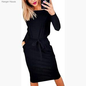 Long Sleeve Bodycon Dress with Pockets, Tie Waist, Knee Length, Slim Fit